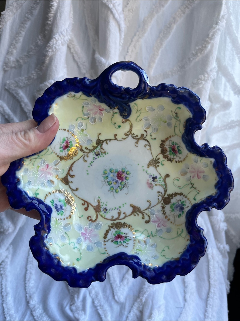 Antique Nippon Cobalt Blue Trimmed Hand Painted Porcelain Dish